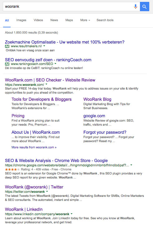 WooRank social media pages in SERP