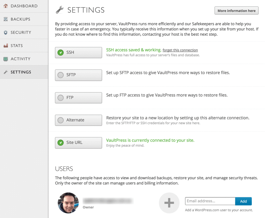 VaultPress SSH Settings