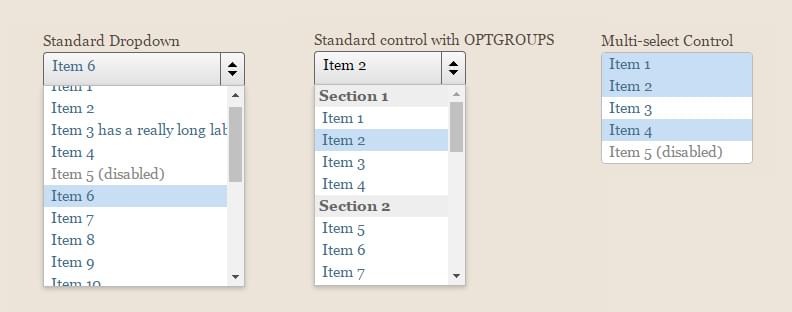 screenshot of dropdown boxes styled with the plugin