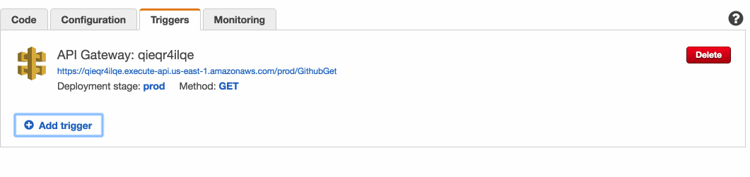 Triggers tab, showing the newly created API Gateway trigger