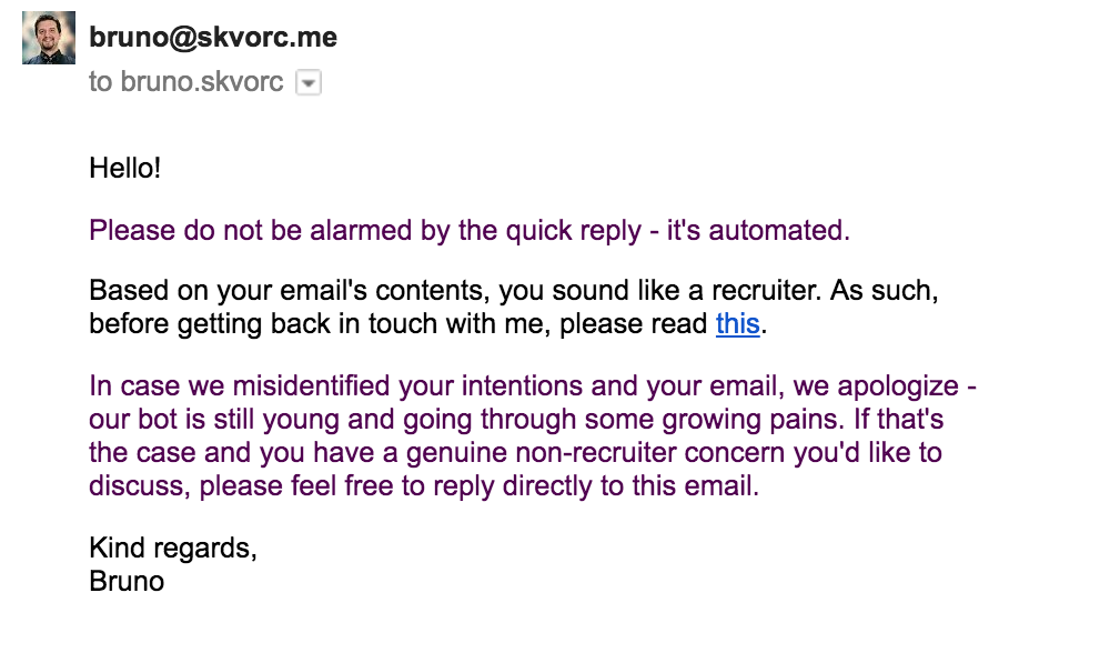 An automatic reply to recruiter spam