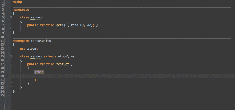 Using atoum stubs with PhpStorm for code completion
