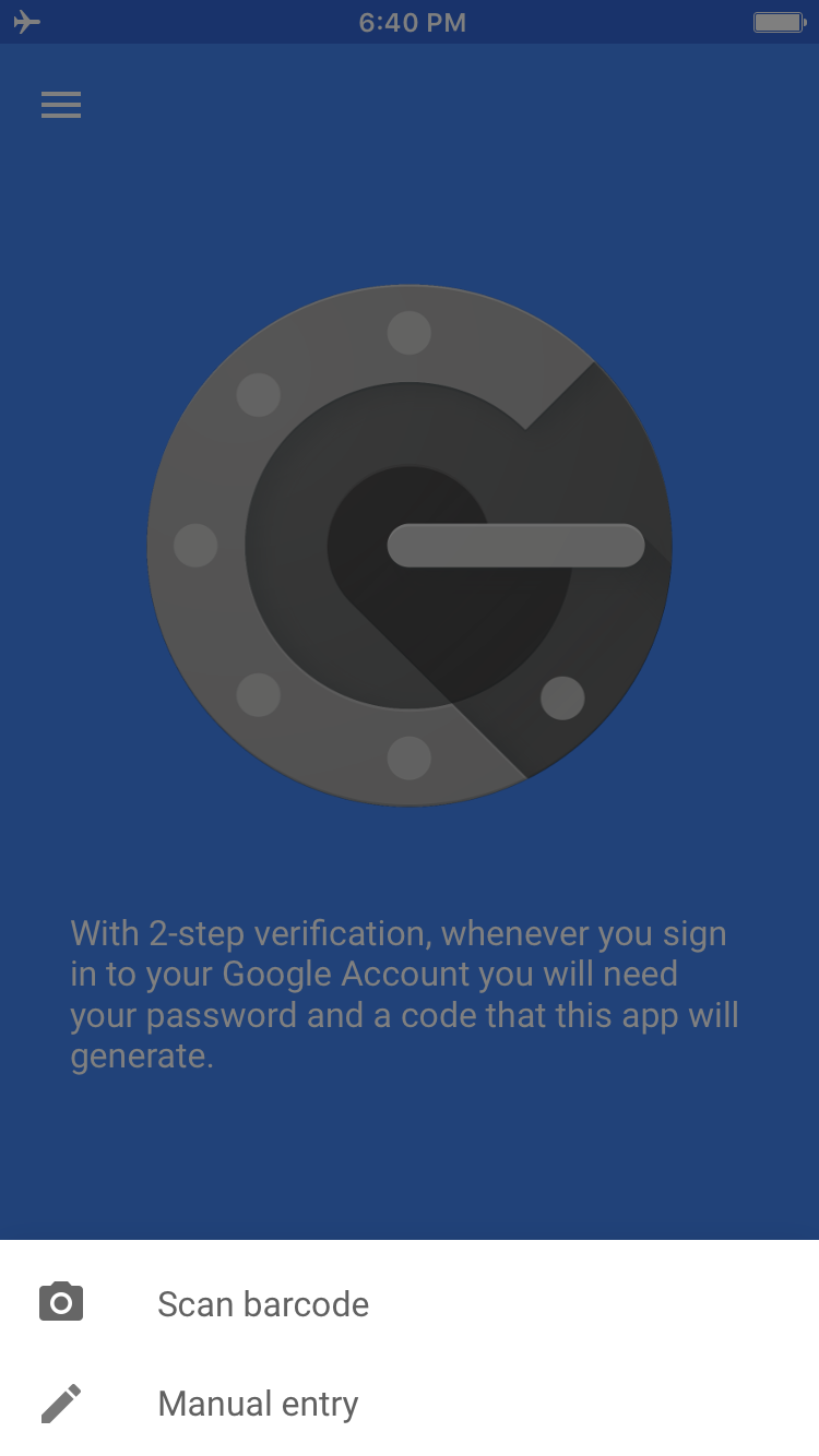 Screenshot of the Google Authenticator splash screen