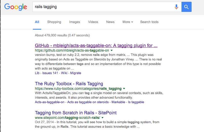 Figure 10-1. Searching for a plugin on "rails tagging"