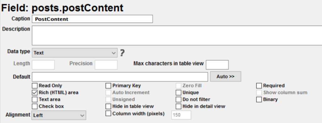 Post content field settings