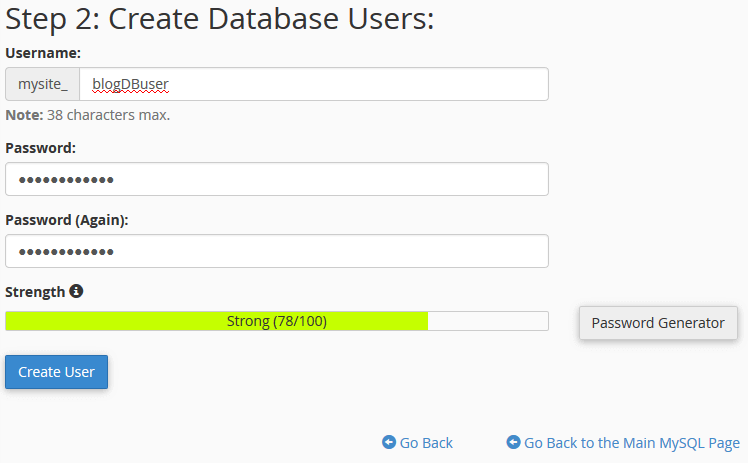 create database user