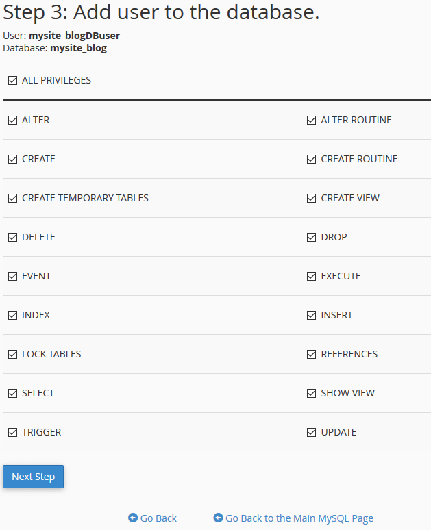 set database user privileges