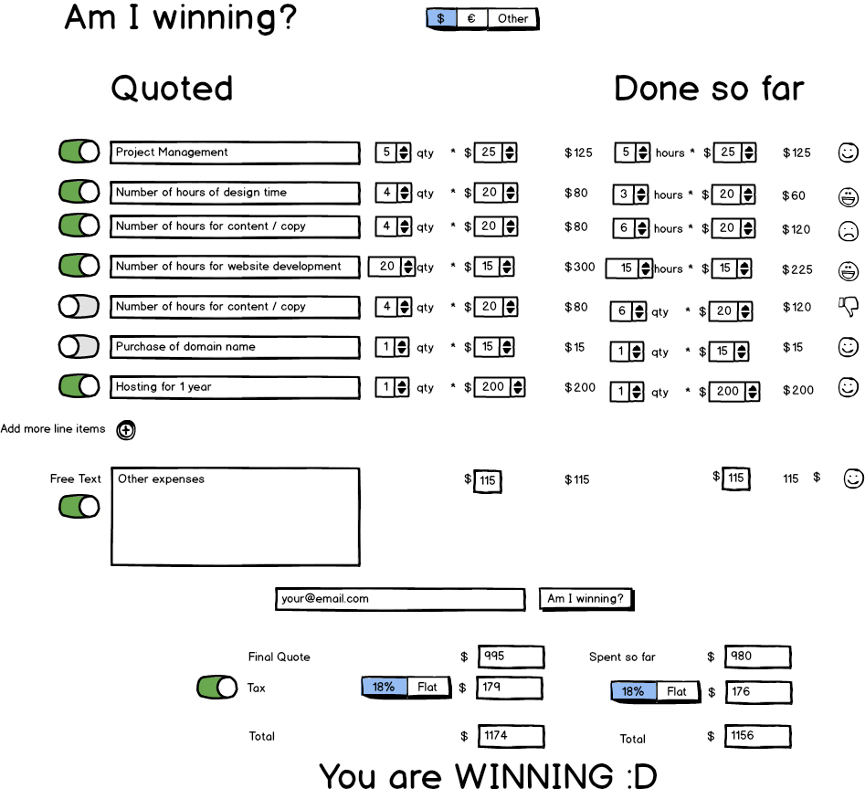 Mockup of a one page application