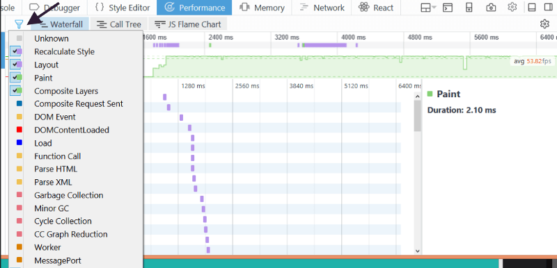 Filter feature inside Firefox Performance Dev Tools.