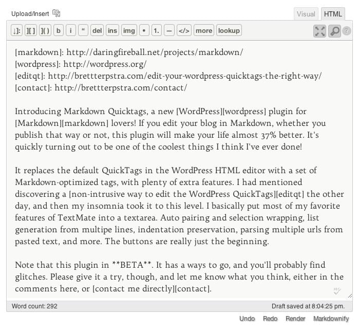 Markdown QuickTags - Markdown in WordPress