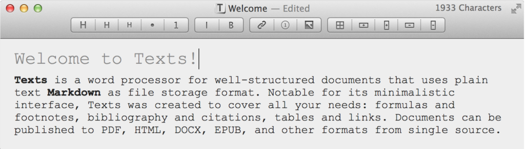 A screen shot of the Texts editor