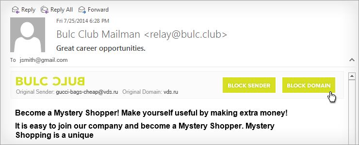 An example of the informational panel included in every email forwarded by Bulc Club