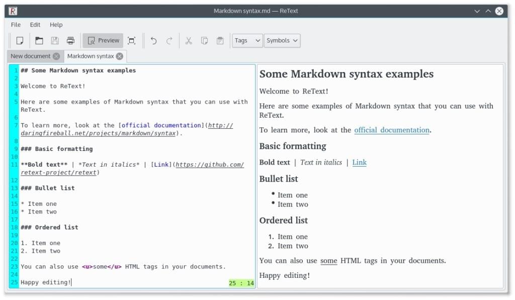 Retext Markdown editor screenshot