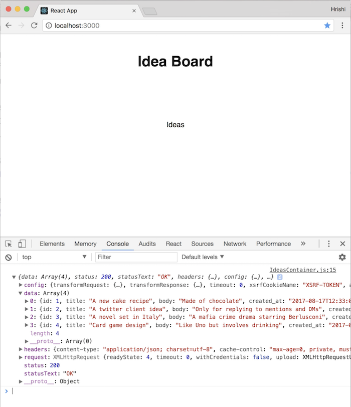 Ideas JSON response from API logged to the console