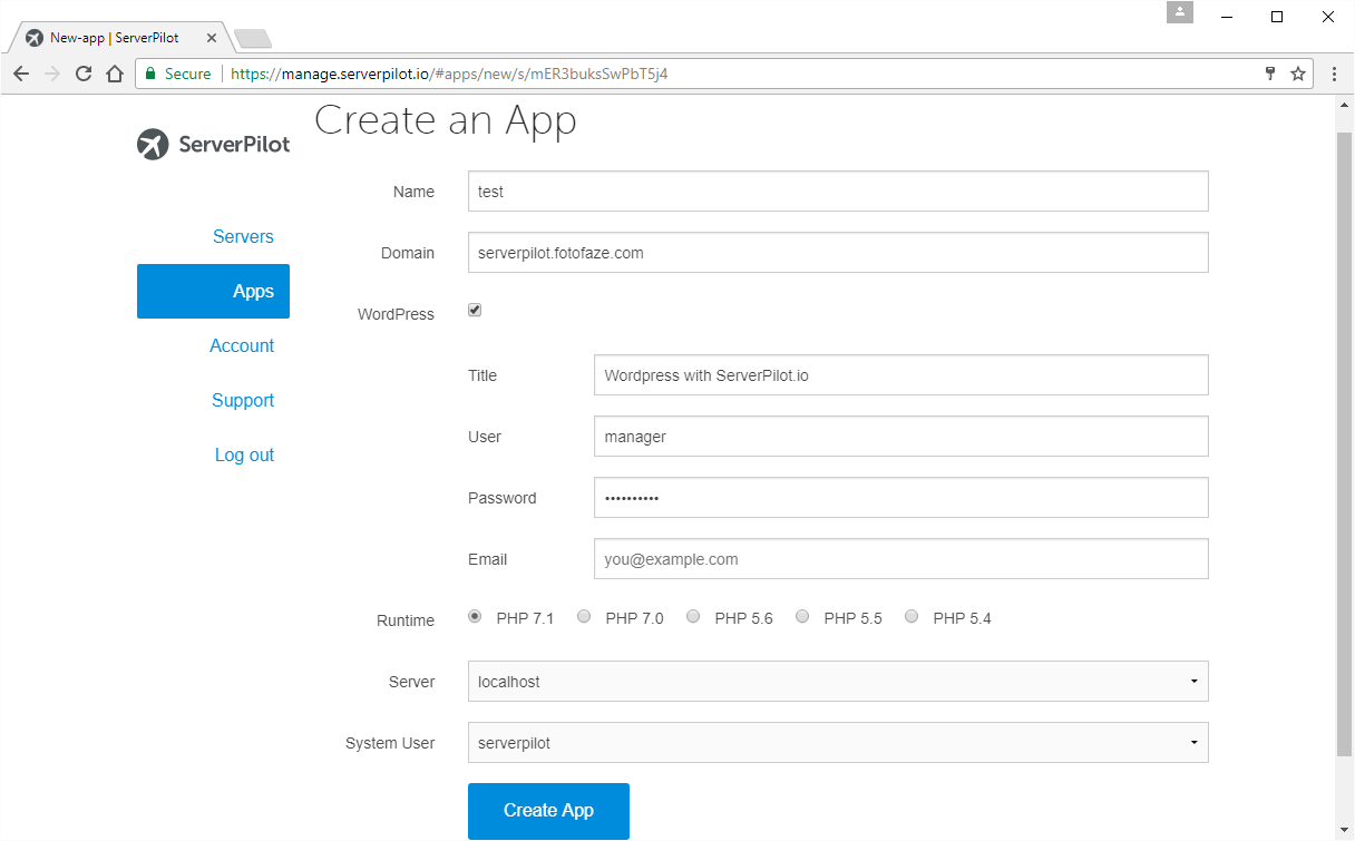 Creating an app on ServerPilot.io
