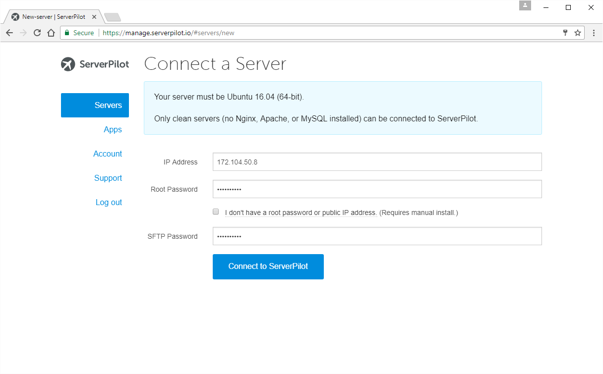 Connecting A Server on ServerPilot.io