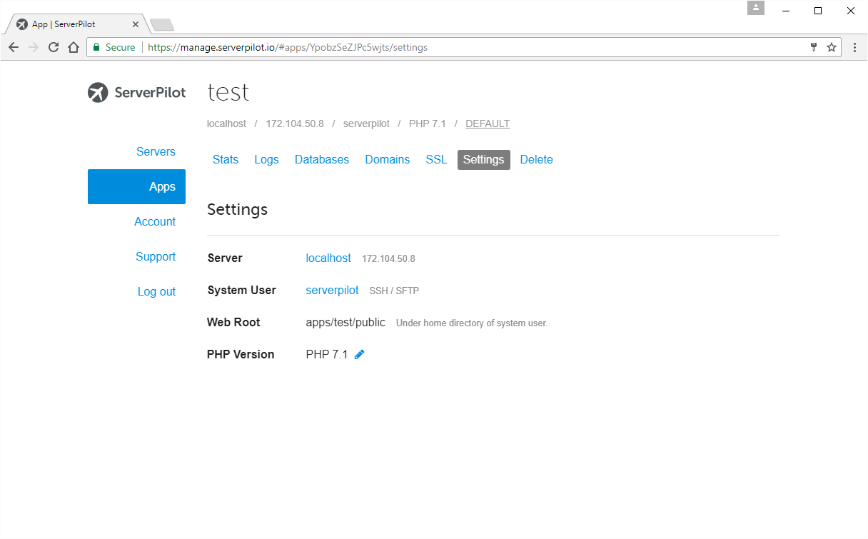 Application settings in ServerPilot.io