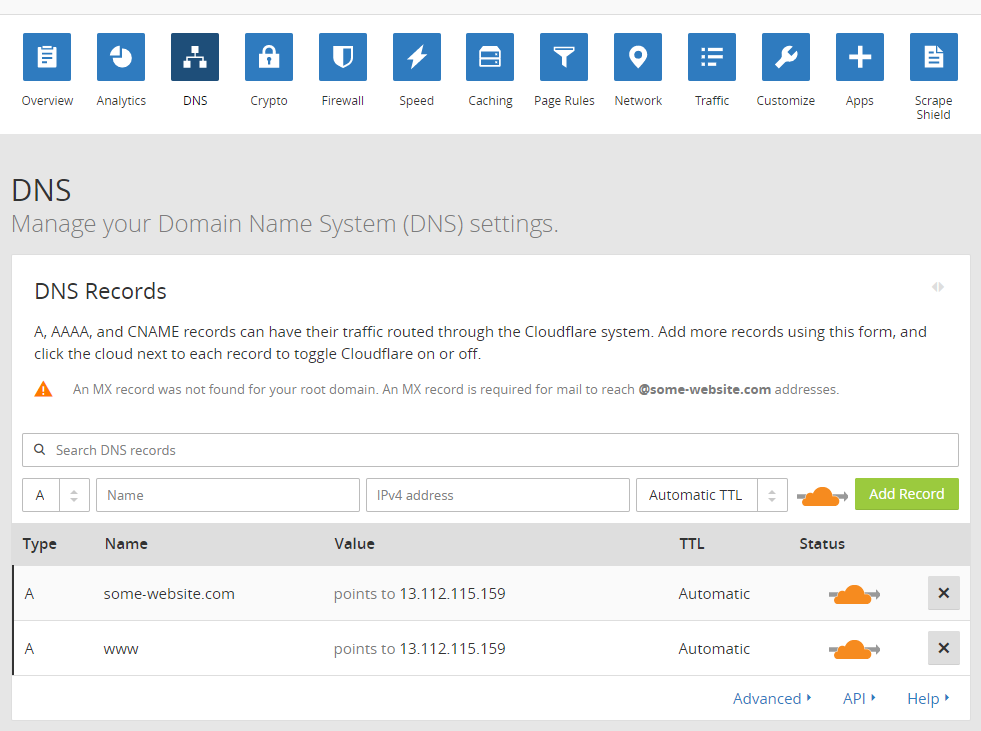 Cloudflare DNS dashboard