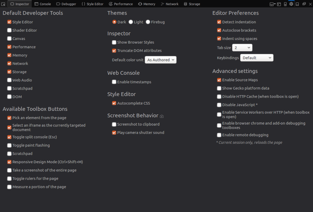 The Firefox DevTools settings