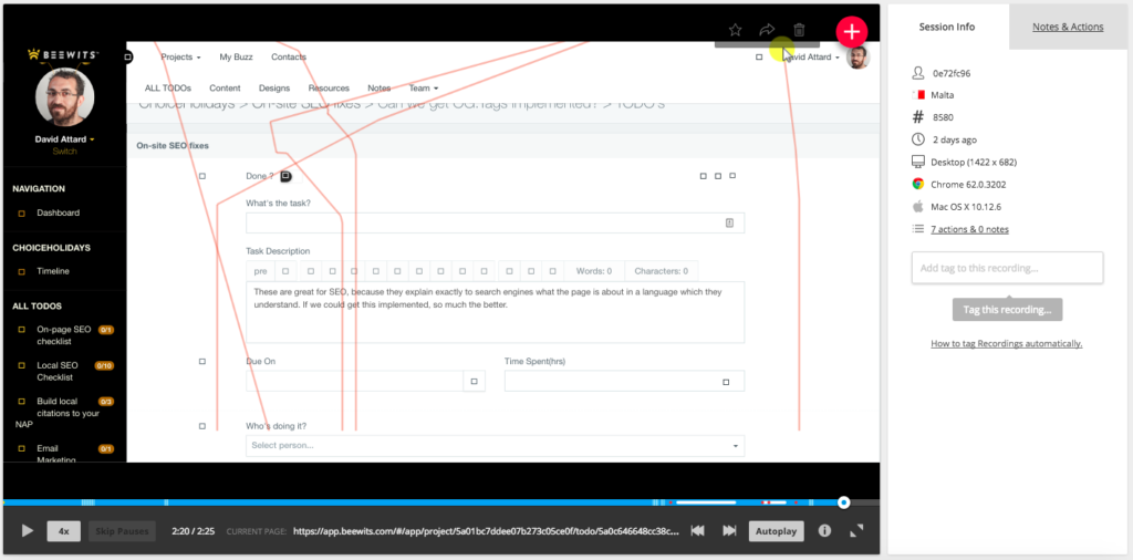 Tracking a user's actions