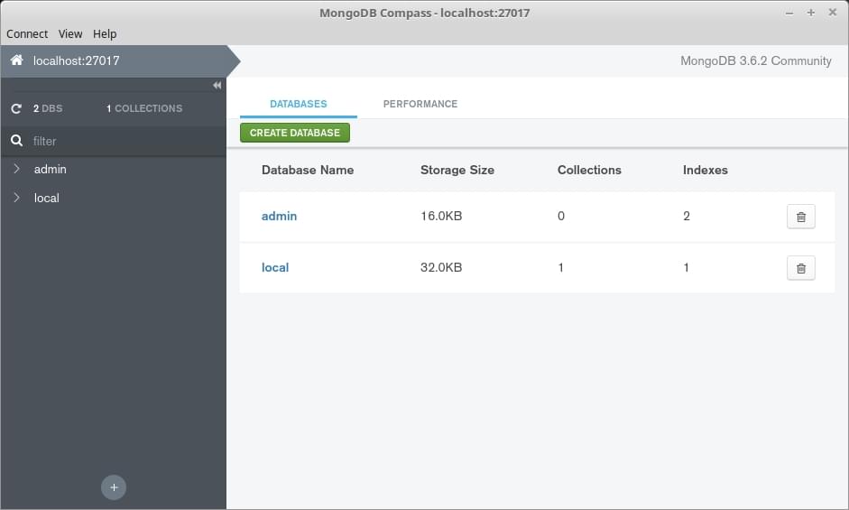 MongoDB Compass connected to localhost:27107