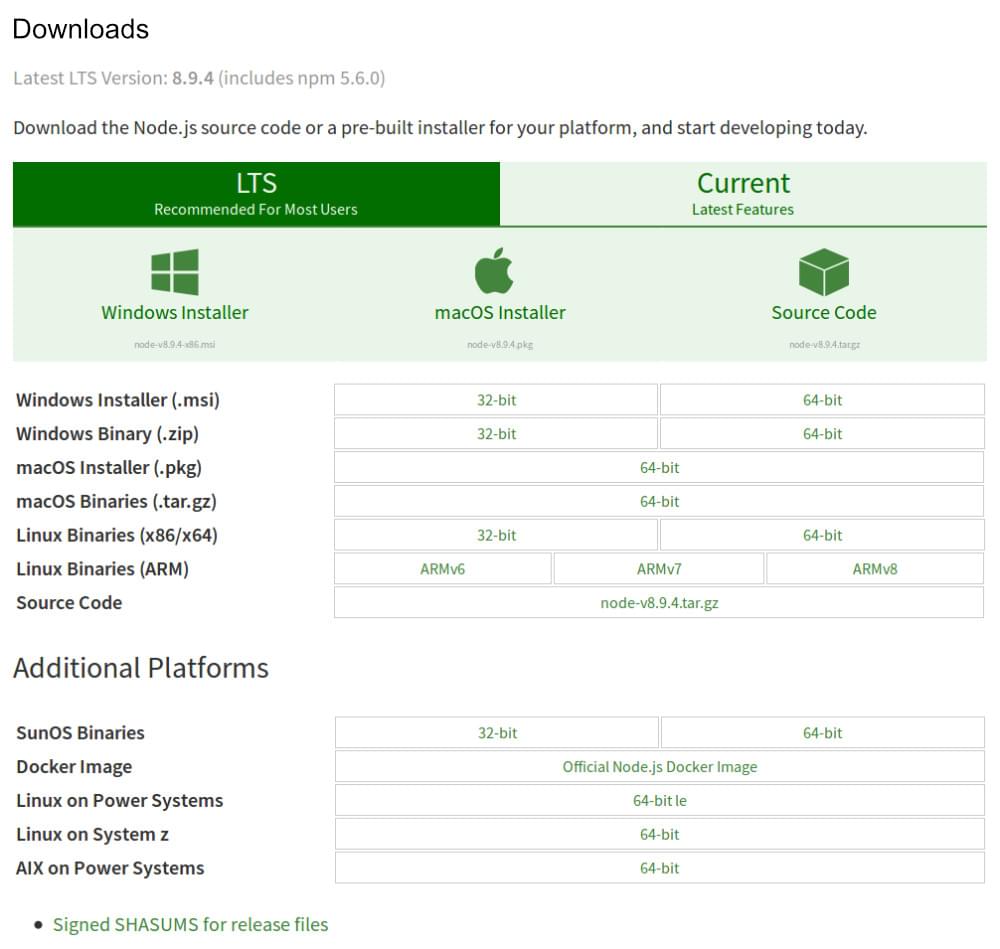 Node.js Download page