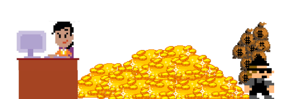 A thief walking away with bank money behind the teller