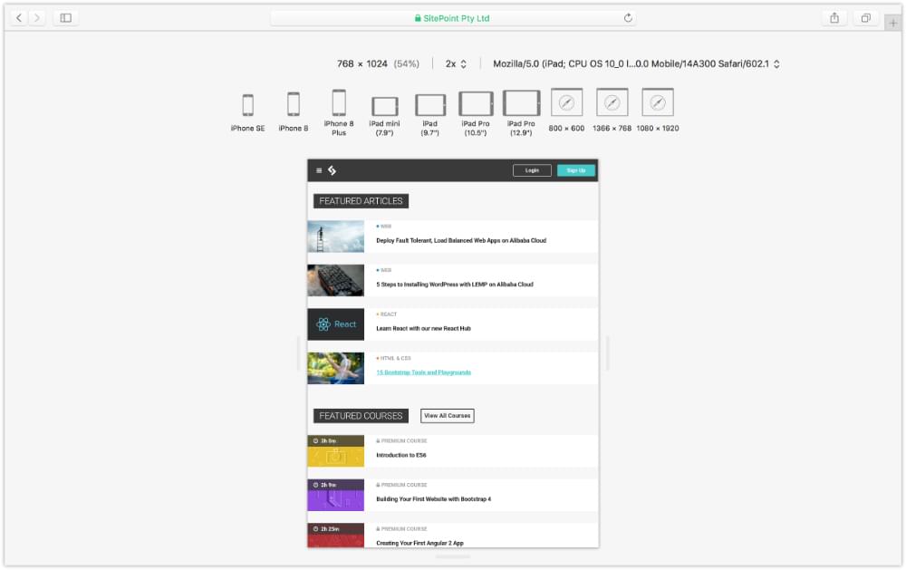 SitePoint.com as viewed using Safari’s responsive design mode