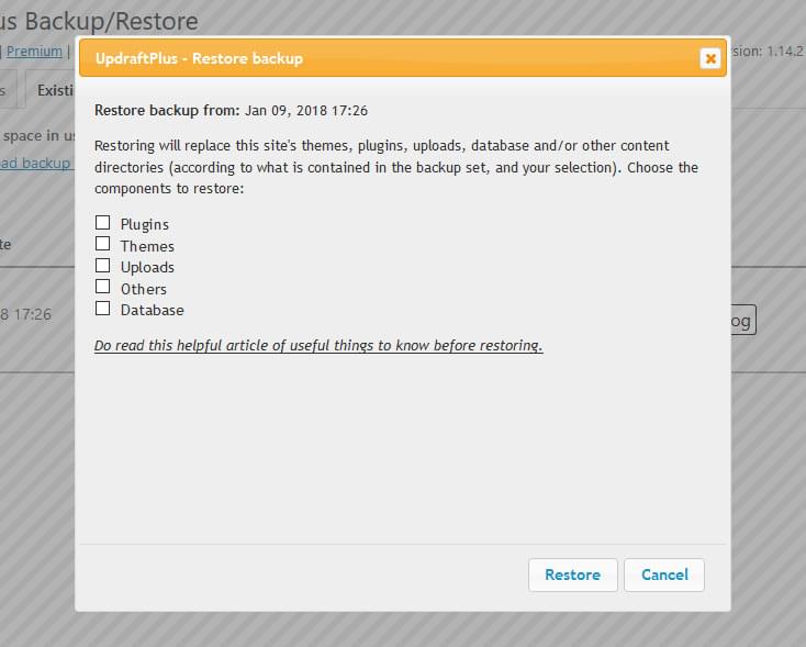 UpdraftPlus restore options