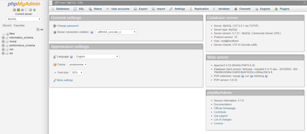 phpMyAdmin dashboard