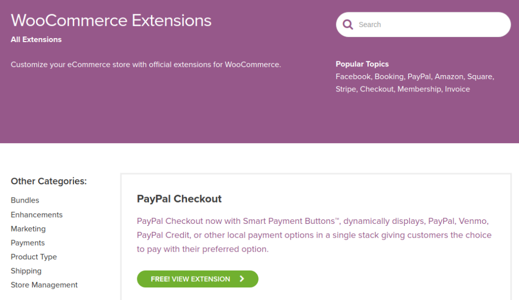 The WooCommerce Extensions page