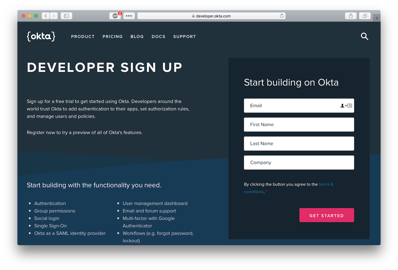 Okta sign-up page