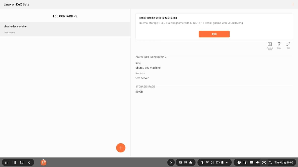 Container Details on Linux on Dex app on the screen