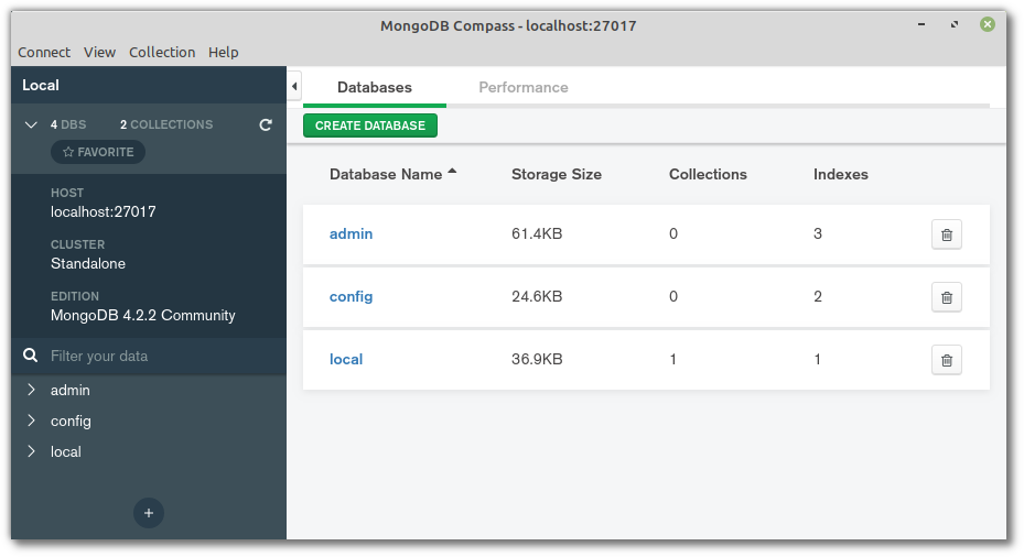 MongoDB Compass connected to localhost:27107