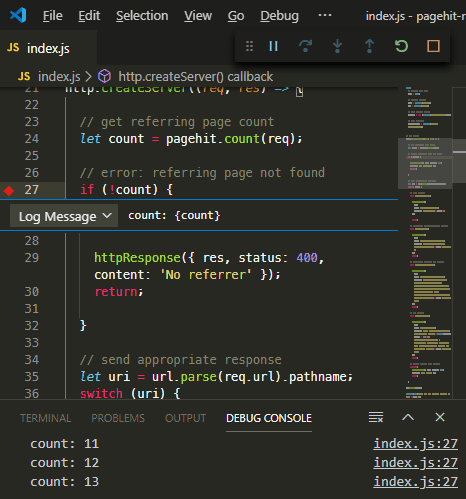 VS Code logpoint