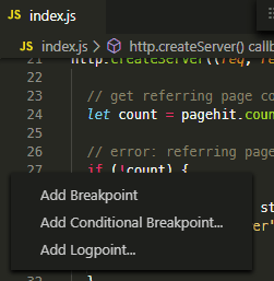 VS Code breakpoint options