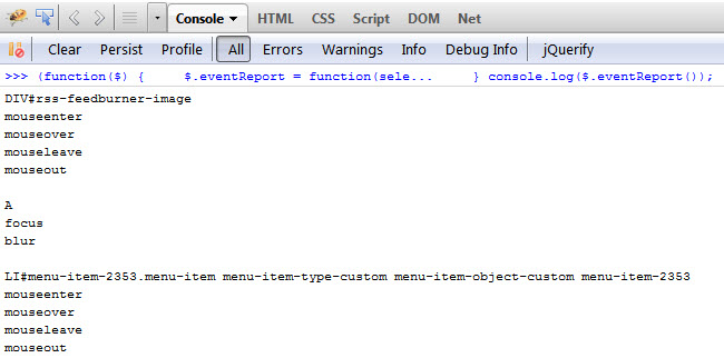 Listing JavaScript Events using jQuery